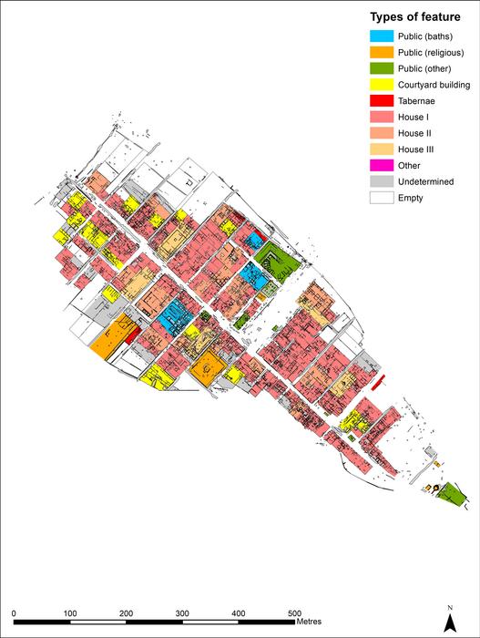 A plan of Interamna Lirenas showing the distribution of different types of buildings.