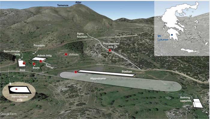 Psychoacoustics listening to archaeological sites Bird’s eye view of the Sanctuary for Zeus with built remains outlined (white text denotes lower sanctuary components). Recording points are shown in red. Credits: Image by Pamela Jordan