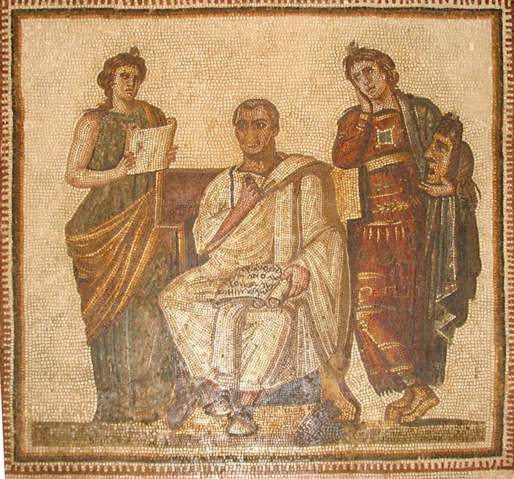 Virgilio con l'Eneide tra Clio e Melpomene, da un mosaico del III secolo d.C., presso il Museo Nazionale del Bardo di Tunisi