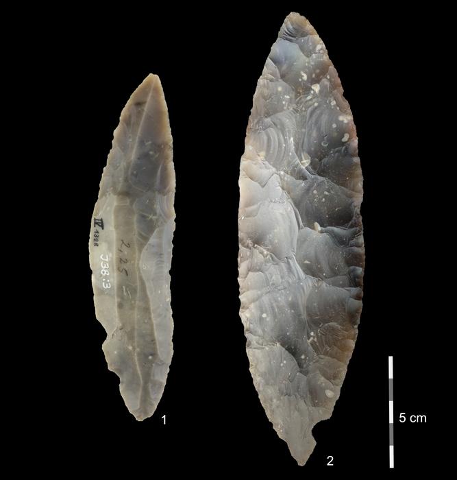 Homo sapiens Neanderthals Europe Stone tools from the LRJ at Ranis. 1) partial bifacial blade point characteristic of the LRJ; 2) at Ranis the LRJ also contains finely made bifacial leaf points. © Josephine Schubert, Museum Burg Ranis, License: CC-BY-ND 4.0