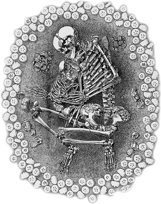 Skeletal remains of an adult and a child at Dunstable Downs (ill./©: illustration from the book "Man, The Primeval Savage" (1894) by Worthington Smith)