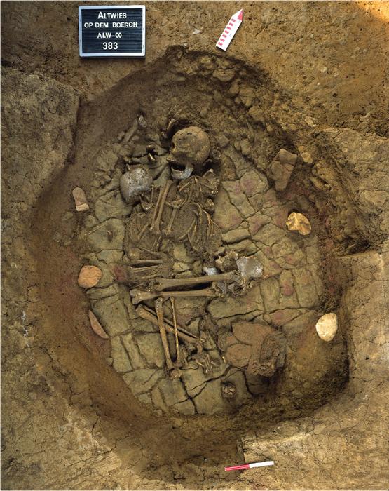 Abstammungssystem Glockenbecherkultur Großbritannien Skeletal remains of an adult and a child at Altwies "Op dem Boesch". (photo/©: Foni Le Brun-Ricalens, Institut National de Recherches Archéologiques, Luxembourg)