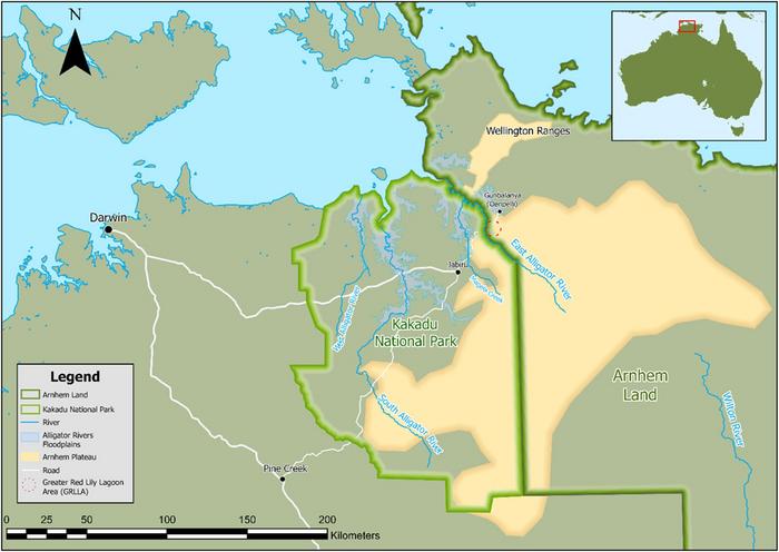 rock art sites Arnhem Land chosen Map of the study area within the larger region, showing the Alligator rivers, floodplains, Kakadu National Park and Arnhem Land along with the Arnhem Plateau. Credits: Dr Jarrad Kowlessar, Flinders University