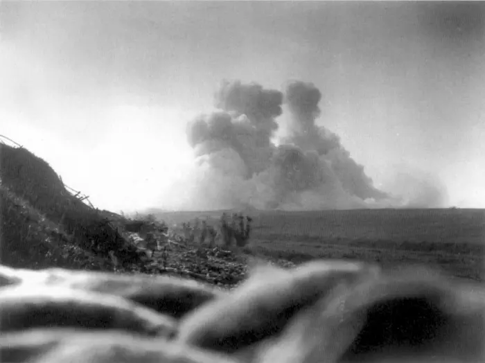 The earth settles following the explosion of the mine beneath Hawthorn Ridge Redoubt on July 1, 1916. Photo by Ernest Brooks