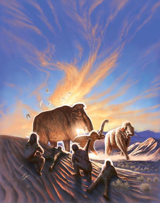 Artwork shows three mammoths being watched by a family of ancient Alaskans from the dunes near the Swan Point archaeological site, a seasonal hunting camp occupied 14,000 years ago. Credits: Image by Julius Csostonyi