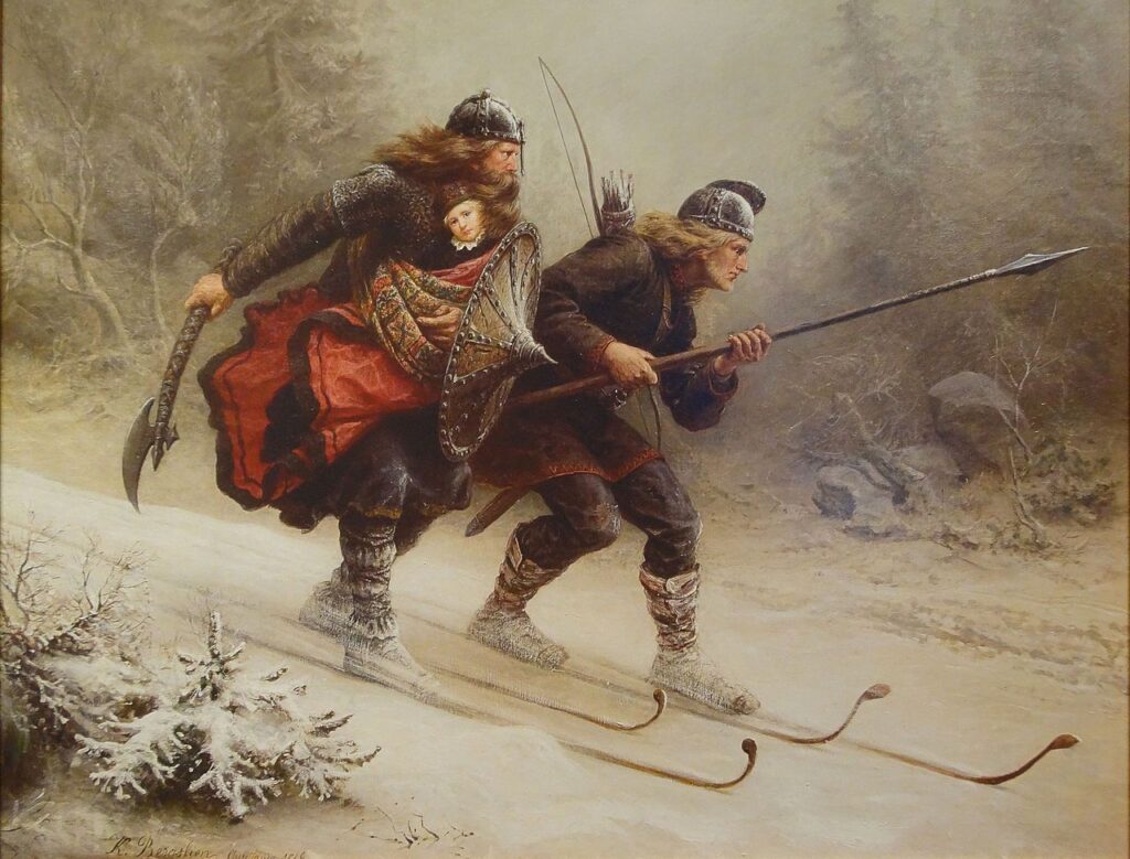 Knud Bergslien's painting "Birkebeinerne" (1869) shows the Birkebeiners Torstein Skevla and Skjervald Skrukka fleeing from the Baglers with the poor Håkon Håkonsson, the king's son, to the Birkebeiner's "capital" Nidaros in 1206