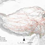 prehistoric Tibetan settlement patterns Simulated “mobility highways” of farmer-herder interactions overlaid with the geolocated archaeological sites dated between ca. 3600 and 2200 before present (Credit: X. Chen). Credits: Xinzhou Chen