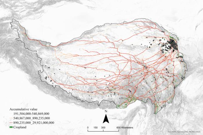 Simulated “mobility highways” of farmer-herder interactions overlaid with the geolocated archaeological sites dated between ca. 3600 and 2200 before present (Credit: X. Chen). Credits: Xinzhou Chen