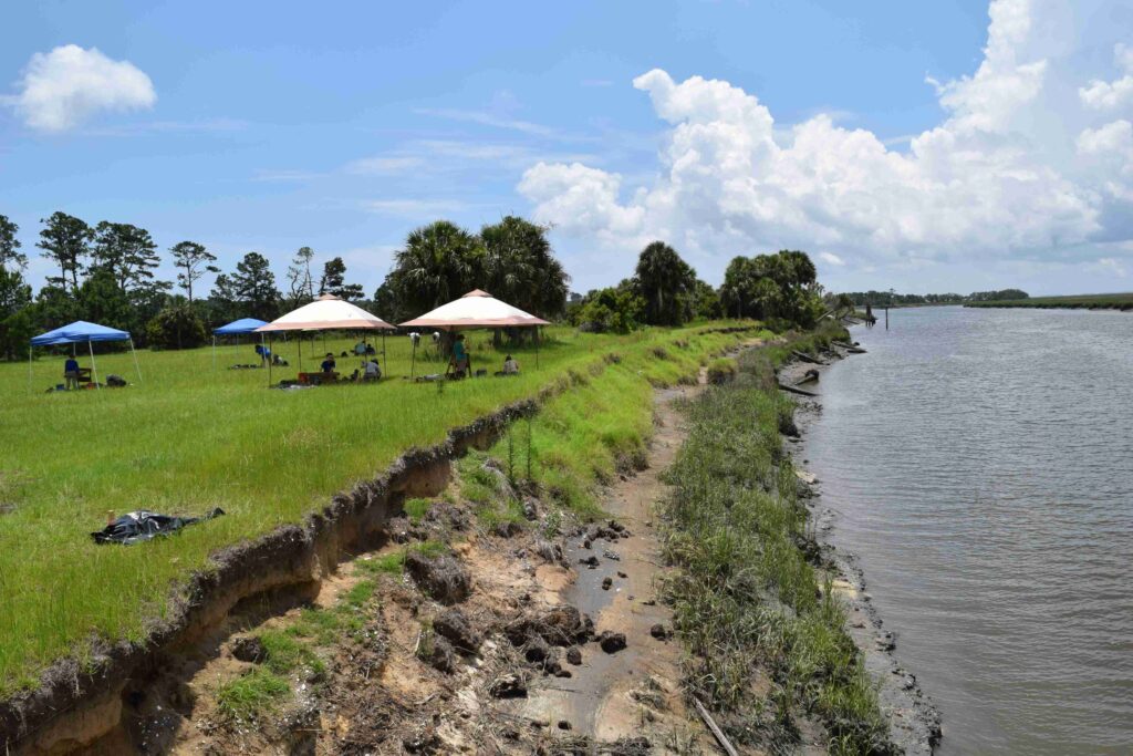 Hurricane Michael-caused erosion at the South End archaeological site on Ossabaw Island, Georgia, taken during the UGA Laboratory of Archaeology Field School. This type of erosion damage to archaeological sites is modeled in the paper along the entire Georgia coast. Photo Credits: UGA Laboratory of Archaeology, CC-BY 4.0