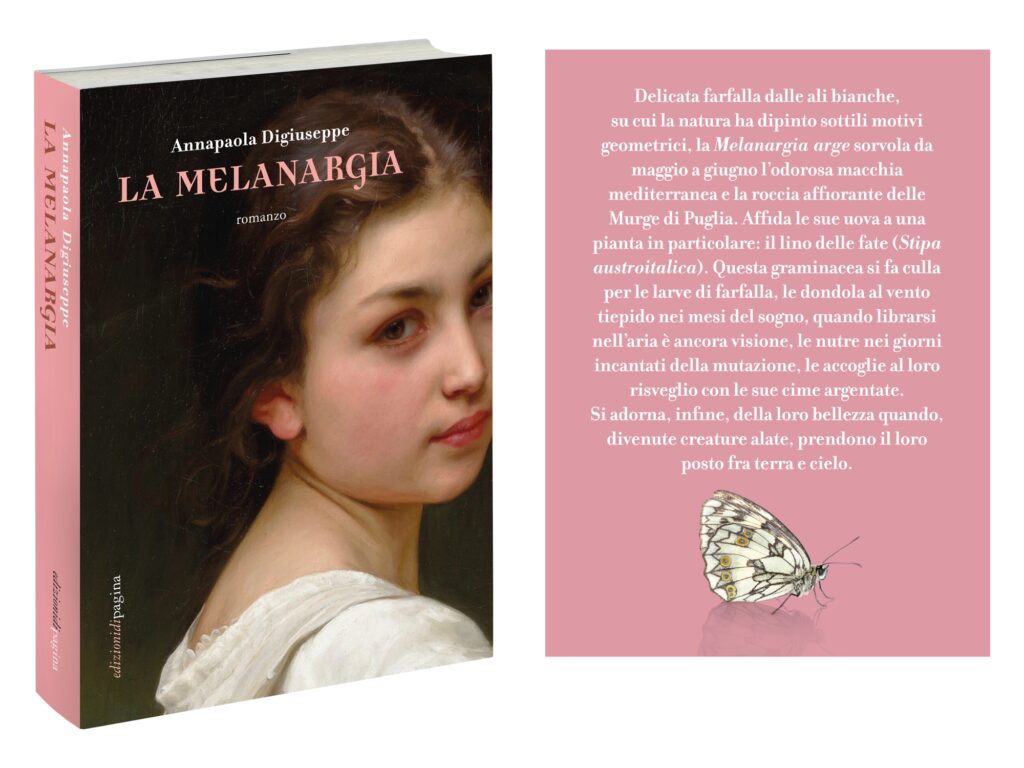 la copertina e la quarta del romanzo La melanargia, di Annapaola Digiuseppe, pubblicato da Edizioni di Pagina (2023) nella collana Lebellepagine - 29