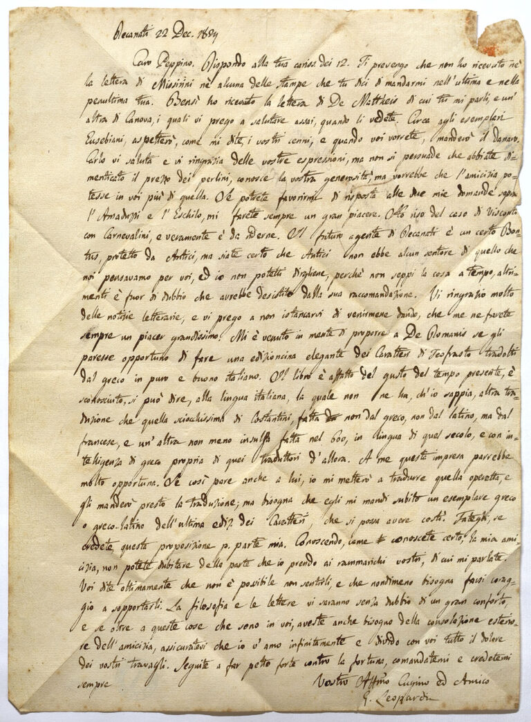 Giacomo Leopardi Giuseppe Melchiorri Caratteri Teofrasto lettera Biblioteca Nazionale di Napoli