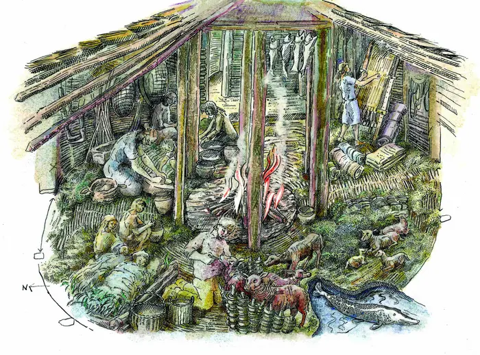 An illustration depicting daily life inside ‘Structure One’, based on the analysis of materials unearthed at the Must Farm excavation. 
