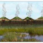 An illustrated reconstruction of the Bronze Age stilt settlement unearthed in the East of England.