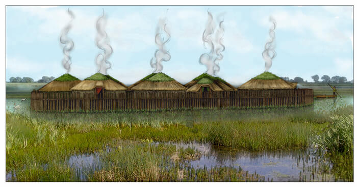 An illustrated reconstruction of the Bronze Age stilt settlement unearthed in the East of England. 