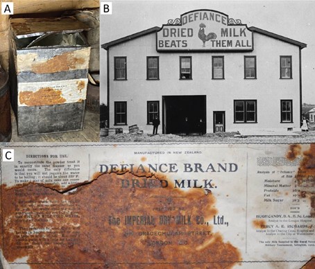 The photo on the top left (A) shows the tin-plated can of Defiance brand dried milk found in Shackleton’s Cape Royds base camp hut, with a close-up label in the bottom photo (C) (courtesy of the Antarctic Heritage Trust, Christchurch, New Zealand). The top-right photo (B) is of the Joseph Nathan & Sons Bunnythorpe Defiance Dried Milk Factory circa 1904 (courtesy of Massey University, Palmerston North, New Zealand)