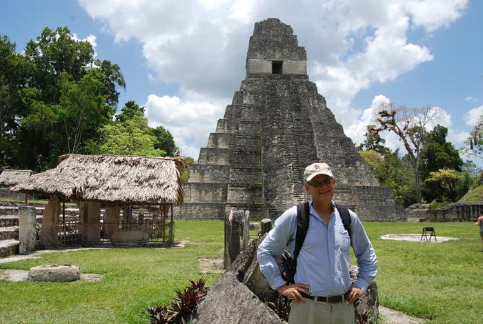 University of Cincinnati Professor David Lentz, pictured here at Tikal, discovered evidence of ceremonial offerings at the site of an ancient Maya ballcourt in Yaxnohcah, Mexico. Credits: Liwy Grazioso Sierra