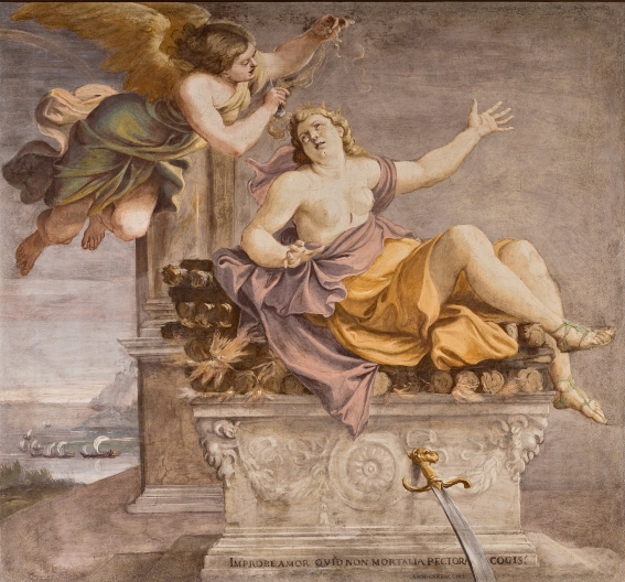 Annibale Carracci (Bologna, 1560 - Roma, 1609), Morte di Didone, 1592Affresco riportato su tela, cm 121x124
Firmato ANN. CARRACCIUS PING.
Provenienza: Bologna, Palazzo Lucchini (poi Angelelli, poi Zambeccari)
San Martino di Soverzano, collezione Poletti