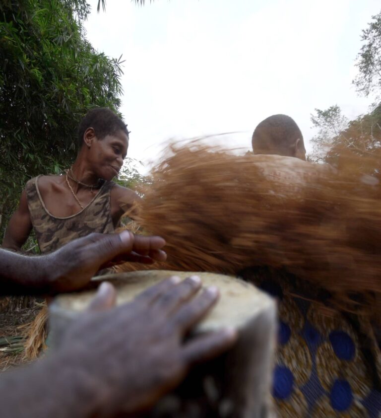 Kulturelle und sprachliche Netzwerke zentralafrikanischer Jäger und Sammler haben uralten Ursprung BaYaka hunter-gatherers in Congo playing musical instruments and dancing, which helps them to spread cultural traits and specialized vocabulary between different groups. (Image: Rodolph Schlaepfer, UZH)