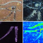 Multi-spectral imaging and chemical analysis of the Udjat Eye from the Sarcophagus of Thutmes III (From top to bottom and left to right) : High-resolution daylight photo, photo under UV light, infrared luminescence, chemical imaging. ©CEA/Université de Liège
