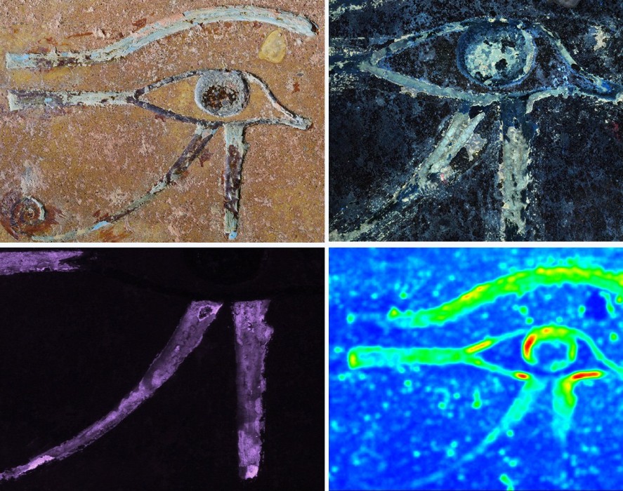 Multi-spectral imaging and chemical analysis of the Udjat Eye from the Sarcophagus of Thutmes III (From top to bottom and left to right) : High-resolution daylight photo, photo under UV light, infrared luminescence, chemical imaging. ©CEA/Université de Liège
