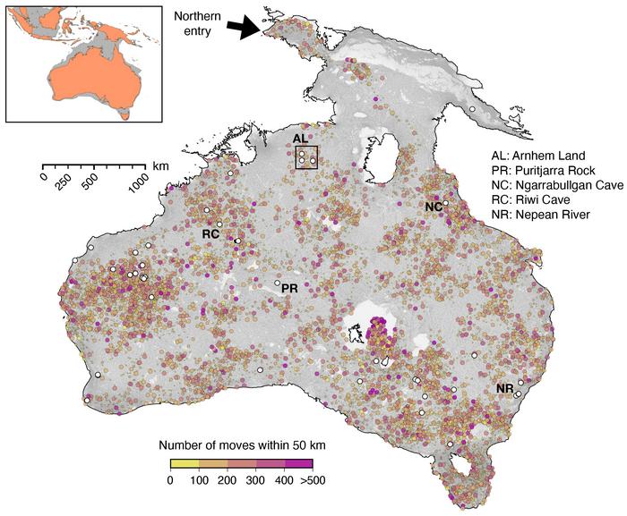 Computer model images of entry points for migration routes through Sahul: a northern route through West Papua (entry time: 73,000 years) and a southern entry point from the Timor Sea shelf (entry time: about 75,000 years). Credits: Nature Communications. Maps are produced with the open-source python interface for the Generic Mapping Tools (https://www.pygmt.org) based on paths generated with SimRiv software