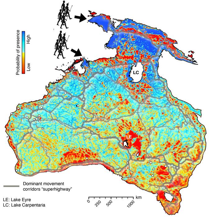 Computer model images of entry points for migration routes through Sahul: a northern route through West Papua (entry time: 73,000 years) and a southern entry point from the Timor Sea shelf (entry time: about 75,000 years). Credits: Nature Communications. Maps are produced with the open-source python interface for the Generic Mapping Tools (https://www.pygmt.org) based on paths generated with SimRiv software