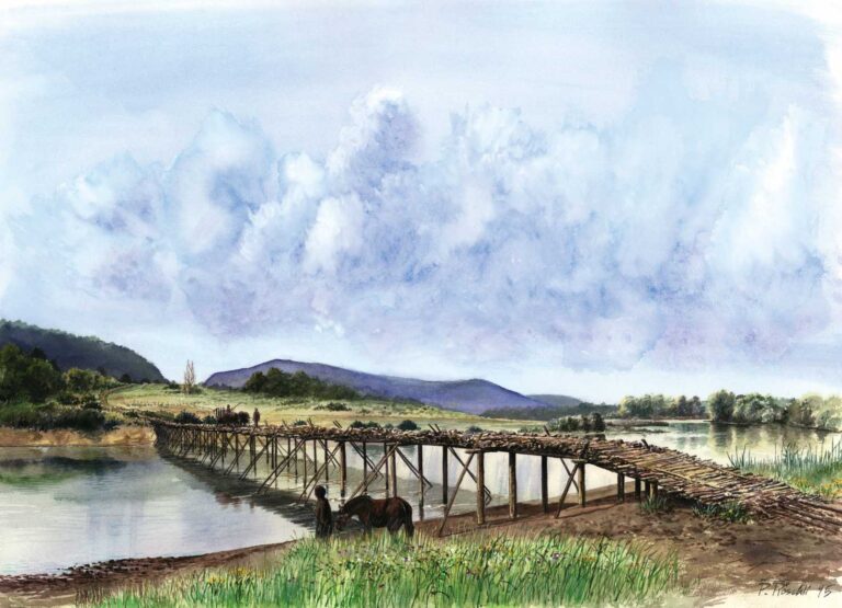 Artistic reconstruction of the Cornaux/Les Sauges bridge by P. Roeschli. © Laténium – Archaeological Park and Museum, Neuchâtel