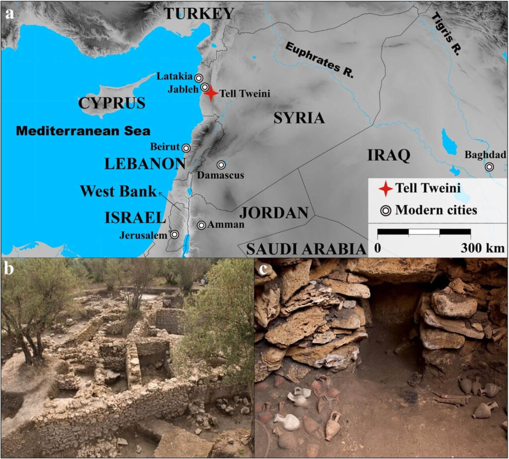 Map and photos of Tell Tweini. (a) Map of the Eastern Mediterranean showing the location of Tell Tweini in modern-day Syria. (b) Photo of Bronze and Iron Age houses from the Field A excavations (taken by Joachim Bretschneider). (c) Photo of Middle Bronze Age grave with Cypriote ceramics (taken by Joachim Bretschneider). (Map was generated using GMT 5.2.1. with the final layout created using Adobe Illustrator CC 2019 V.23.1.1.). Credits: Fuller et al., 2024, PLOS ONE, CC-BY 4.0