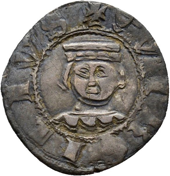 Grossetto anonimo con Virgilio, dell'epoca di Luigi o di Guido Gonzaga, 1328-1369 / foto del diritto: busto di Virgilio, in abito dottorale con berretto a lacci pendenti, con scudetto Gonzaga dalle tre fasce