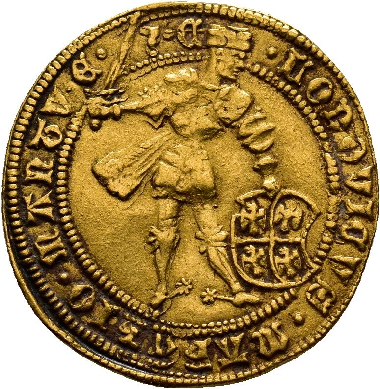Ducato d'oro, di Ludovico II Gonzaga, 1444-1460 / foto del diritto: il marchese, armato con spada e scudo Gonzaga dalle quattro aquile