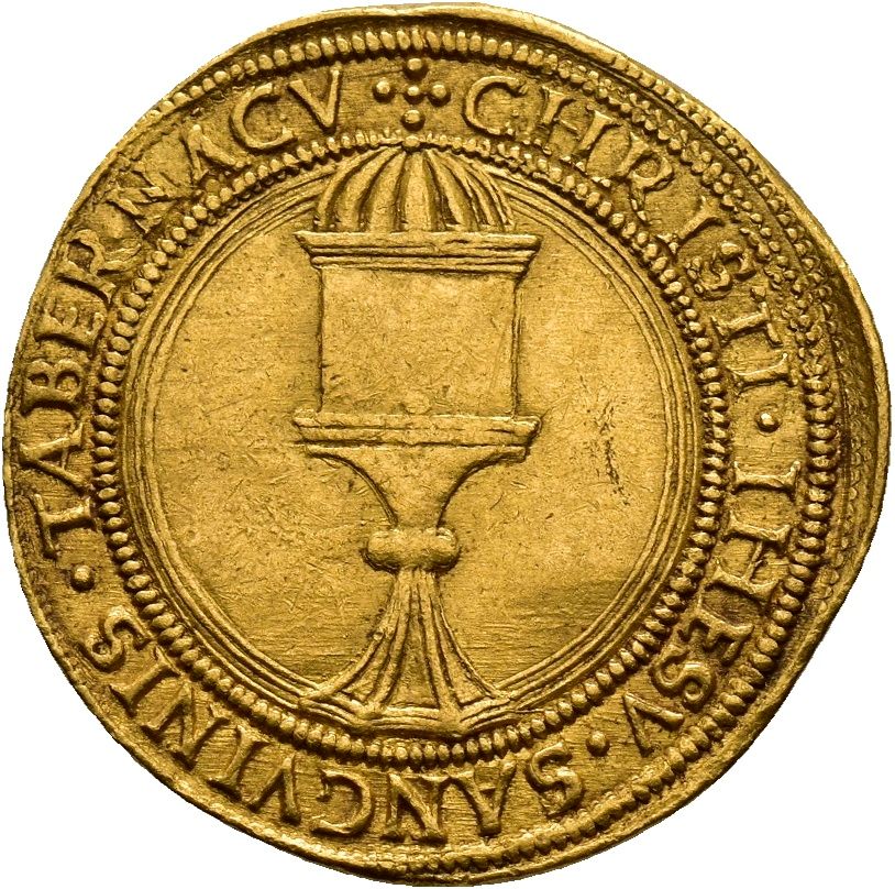 Marchesano d'oro o ducato, di Ludovico II Gonzaga, 1450-1478 / diritto: busto del marchese, corazzato e con elmo cinto da corona di alloro; rovescio: reliquiario del Preziosissimo Sangue con cupoletta rotonda