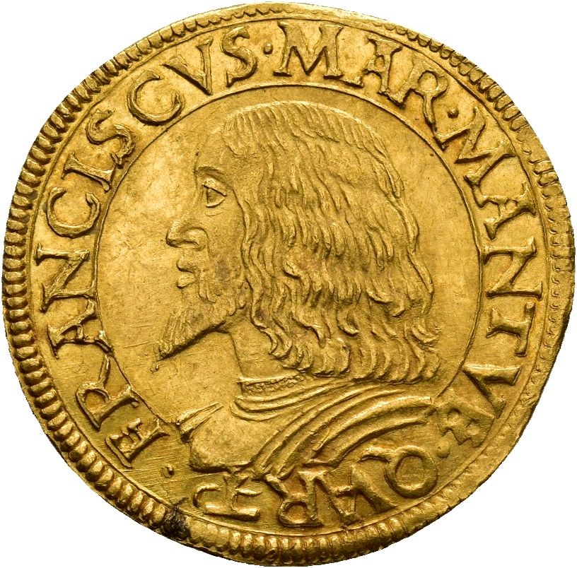 Ducato d'oro largo con il crogiuolo, di Francesco II Gonzaga, 1495-1519 / diritto: busto del marchese di profilo con corazza; rovescio: impresa del crogiolo