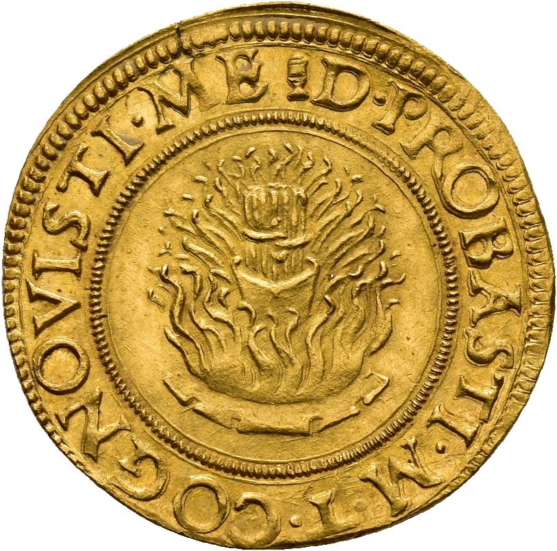 Ducato d'oro largo con il crogiuolo, di Francesco II Gonzaga, 1495-1519 / diritto: busto del marchese di profilo con corazza; rovescio: impresa del crogiolo