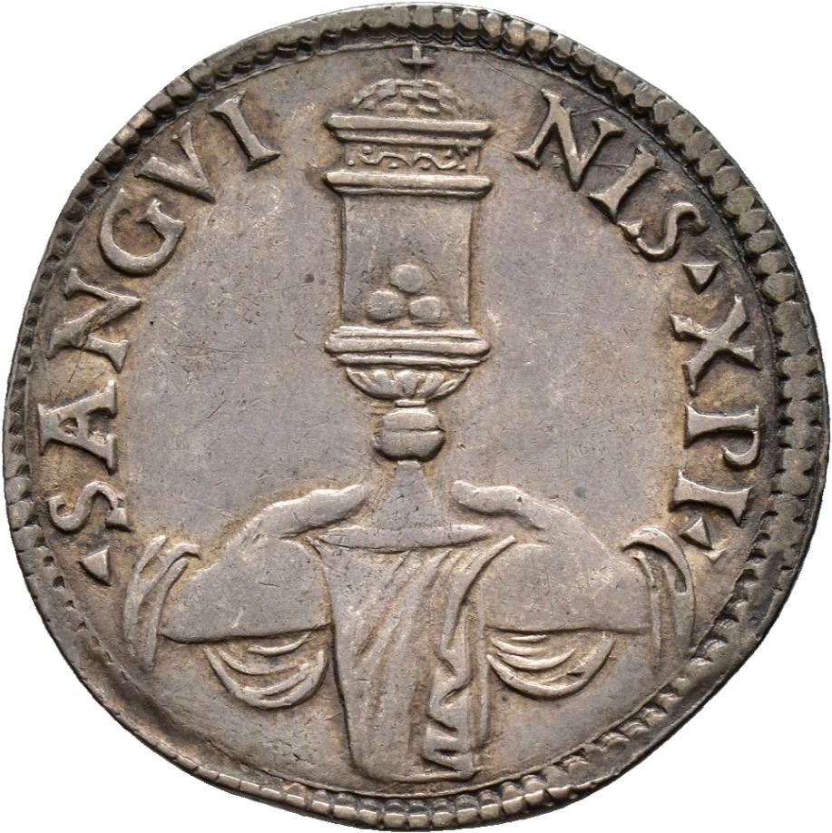 Testone leggero (da 16 bolognini), di Federico II Gonzaga, 1530-1540 / rovescio: reliquiario del Preziosissimo Sangue a cupoletta rotonda embricata, sormontata da una piccola croce, sorretto da due mani