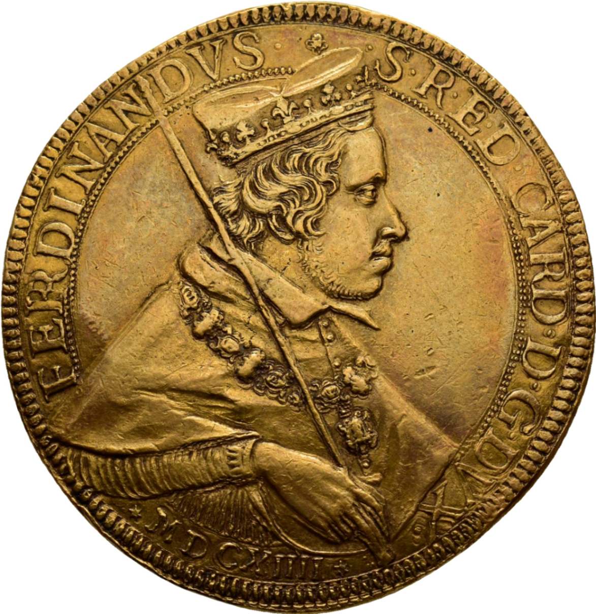 24 Scudi d'oro o 12 Doppie, di Ferdinando Gonzaga, 1614 / diritto: ritratto di profilo del cardinale Ferdinando Gonzaga, duca di Mantova; rovescio: icona della Madonna con il Bambino nota come Santa Maria in Portico o Santa Maria in Campitelli