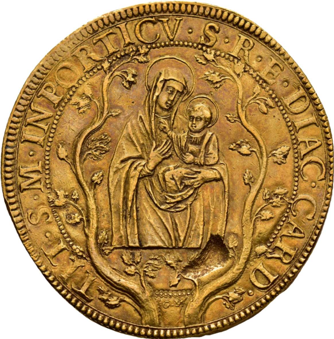 24 Scudi d'oro o 12 Doppie, di Ferdinando Gonzaga, 1614 / diritto: ritratto di profilo del cardinale Ferdinando Gonzaga, duca di Mantova; rovescio: icona della Madonna con il Bambino nota come Santa Maria in Portico o Santa Maria in Campitelli