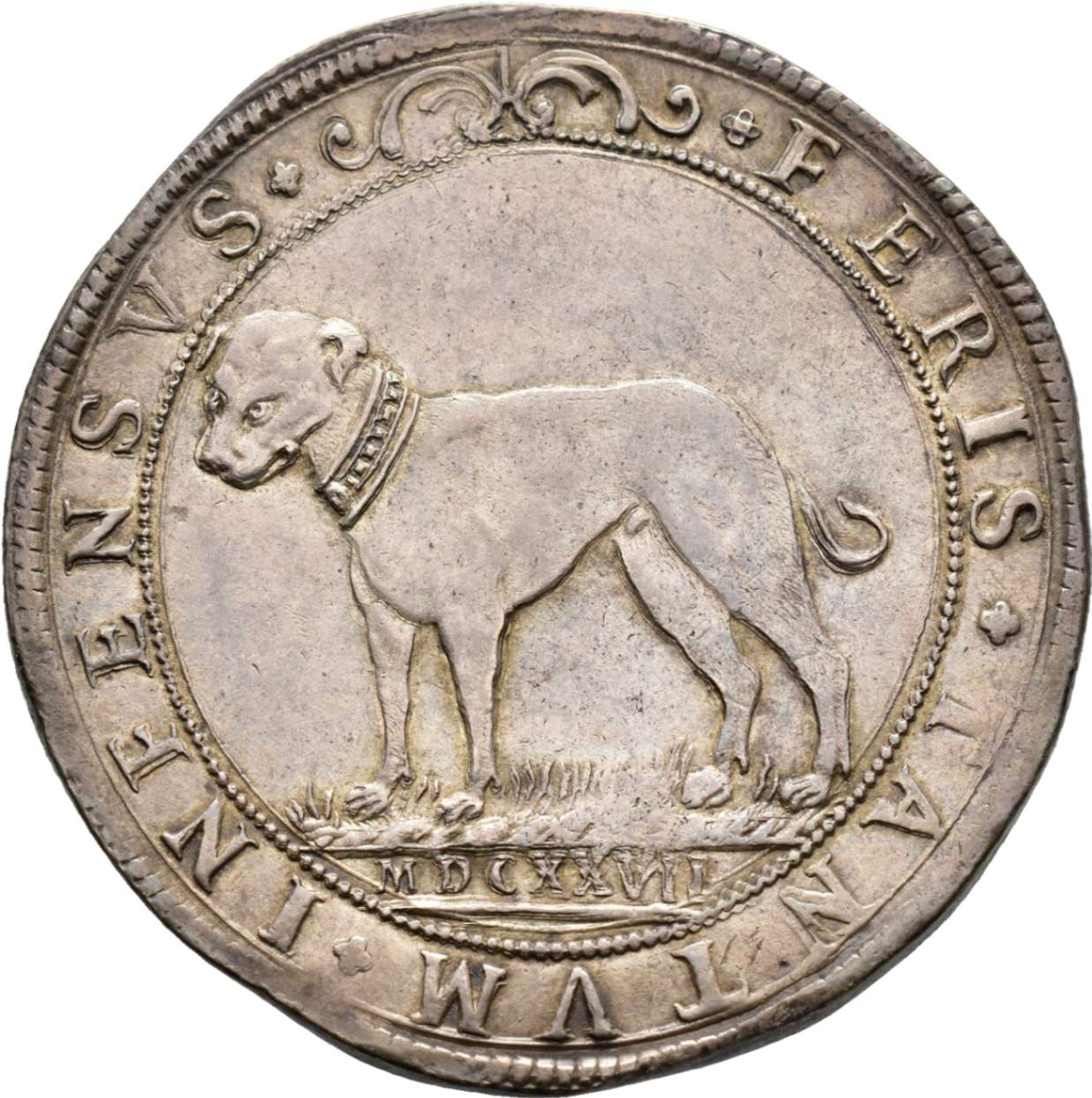 Ducatone con il cane, di Vincenzo II Gonzaga, 1627 / diritto: busto del duca, rivolto a destra e in corazza, con gorgiera; rovescio: alano con collare, rivolto a sinistra