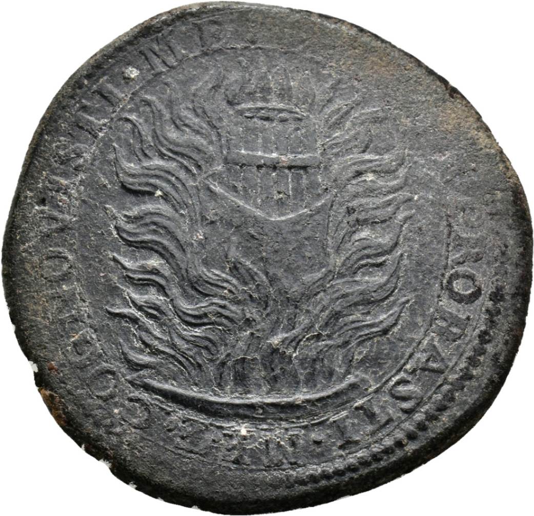 Mezzo scudo in cuoio, di Carlo I Gonzaga Nevers, 1630 / rovescio: impresa del crogiolo