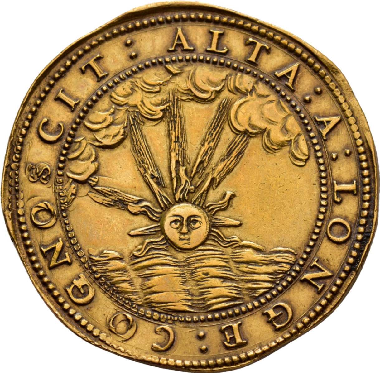 12 Scudi d'oro, della reggenza di Isabella Clara d'Austria per Ferdinando Carlo Gonzaga Nevers, 1666 / rovescio: sole splendente su mare agitato e con nubi minacciose