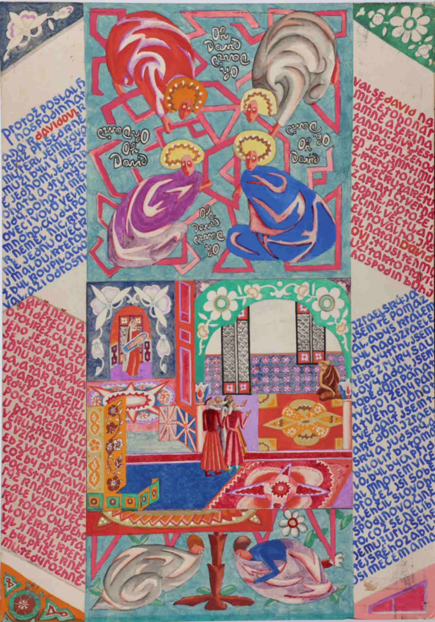 • Růžena Zátková, Vita del Re David secondo le leggende bibliche, ciclo di 13 tavole recto-verso, 1917-1918, acquerello e collage su cartone, cm53,5x38. Collezione Privata. Tavola 1, recto, Unzione di David: mentre pascola il gregge. Samuele lo manda a chiamare e lo consacra