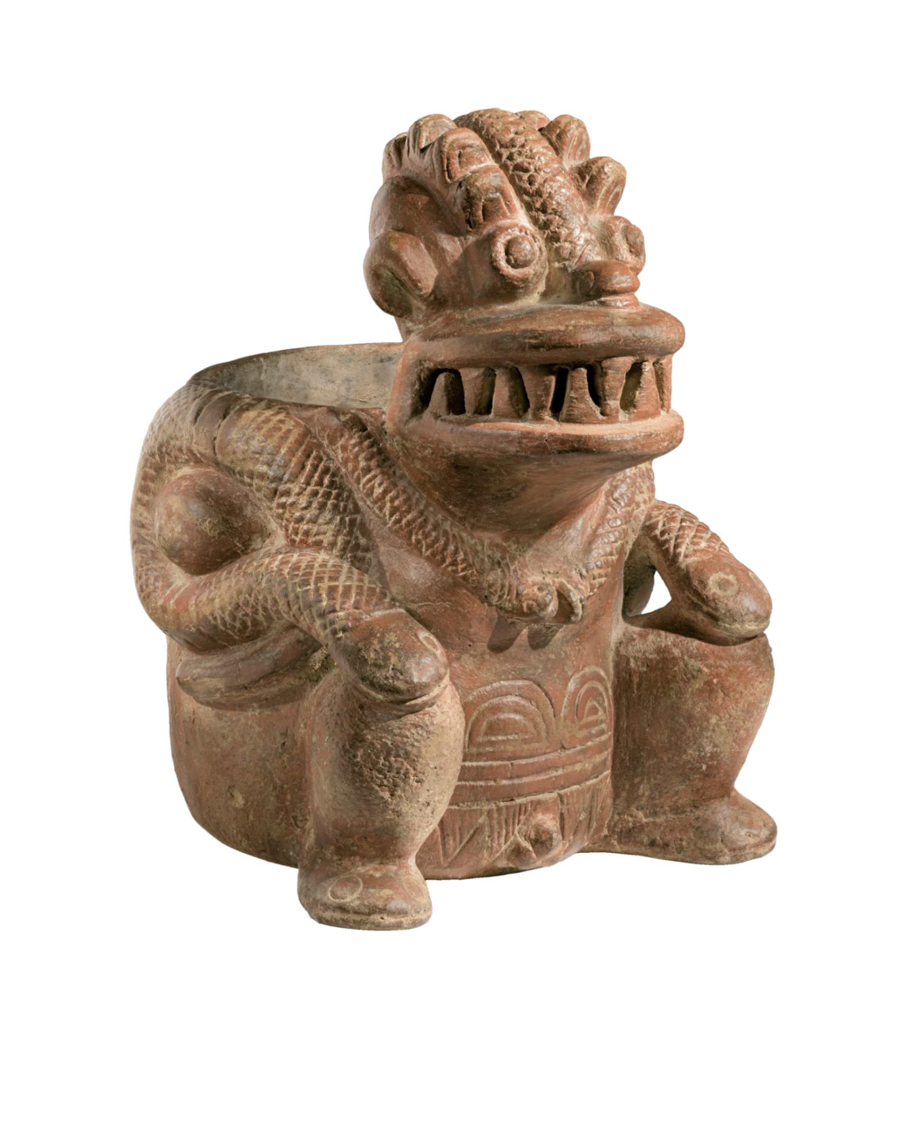 Portatore di un cesto con zanne e serpenti, Colombia, regione di Calima, tradizione Ilama, Ceramica, Los Angeles County Museum of Art, The Muñoz Kramer Collection, donato da Jorge G. e Nelly de Muñoz e Camilla Chandler Frost