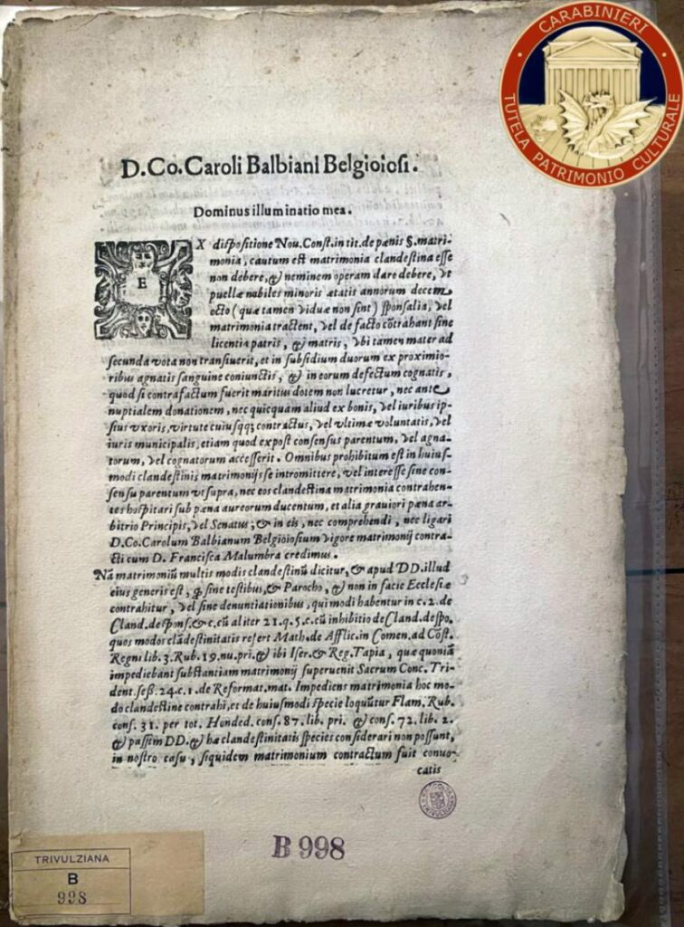 I Carabinieri TPC restituiscono testo del 1629 all’Archivio Storico Civico e Biblioteca Trivulziana del Comune di Milano
