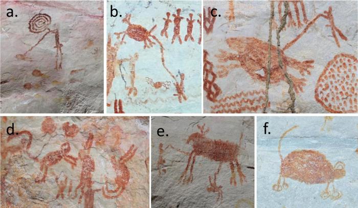 Images of potential a) fishing; b, c, e) hunting; d) monkey leaping/transforming sequence; f) and an unknown animal with circular feet and curved head elements. Credits: University of Exeter