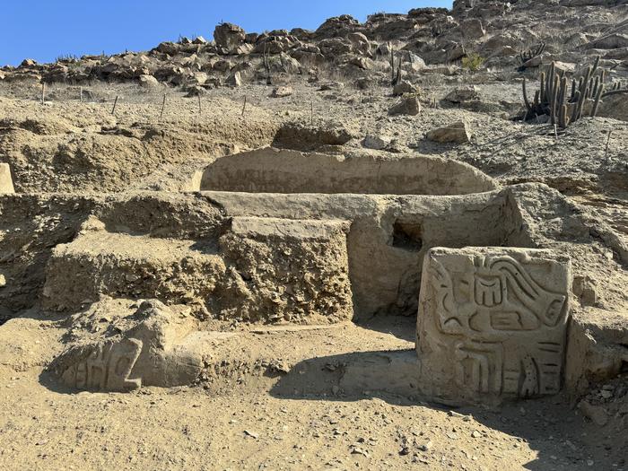 New archaeological site, including carving of a mythological bird creature in La Otra Banda, Cerro Las Animas. Credits: Photo by the Ucupe Cultural Landscape Archaeological Project