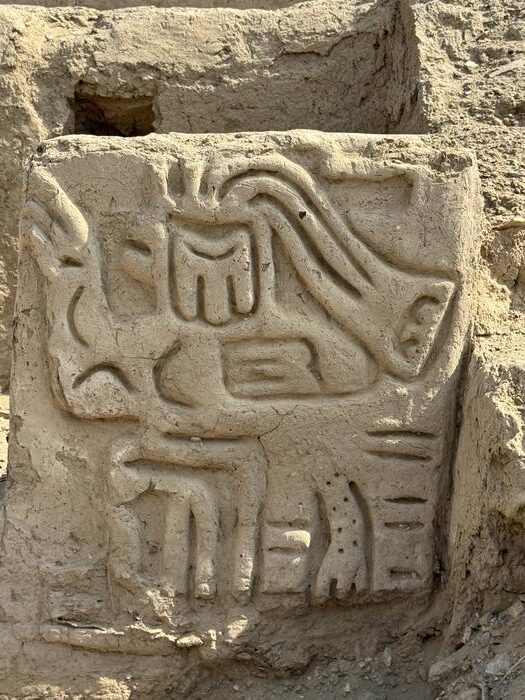 Close-up of the carving of a mythological bird creature in La Otra Banda, Cerro Las Animas. Credits: Photo by the Ucupe Cultural Landscape Archaeological Project