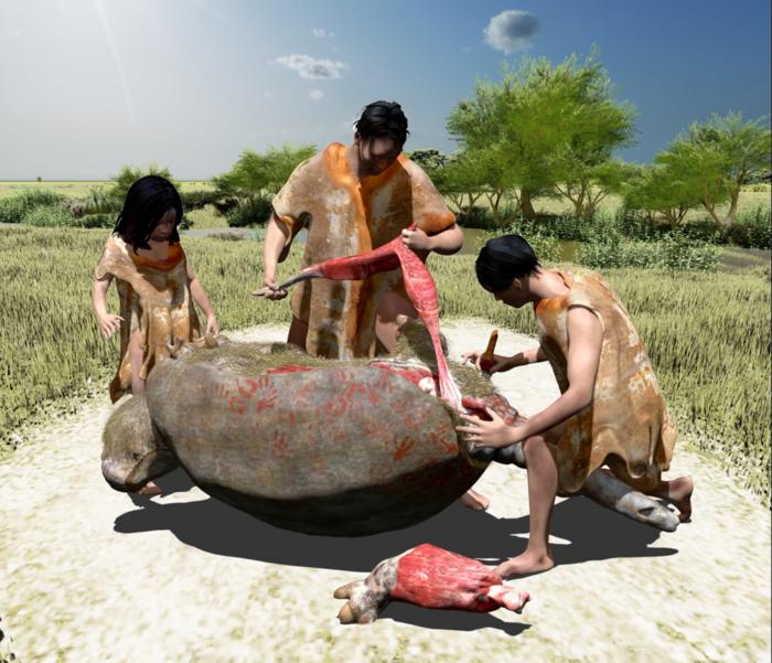 3D rendering of the probable butchery event according to a paleoartistic reconstruction. The illustration was made by modeling three-dimensional meshes, 3D digital scanning, and texturing by projection, based on the proportions of the excavated fossil materials and the results obtained in the study. Credits: Damián Voglino, Museo de Ciencias Naturales A. Scasso (Colegio Don Bosco), San Nicolás de los Arroyos, Provincia de Buenos Aires, CC-BY 4.0