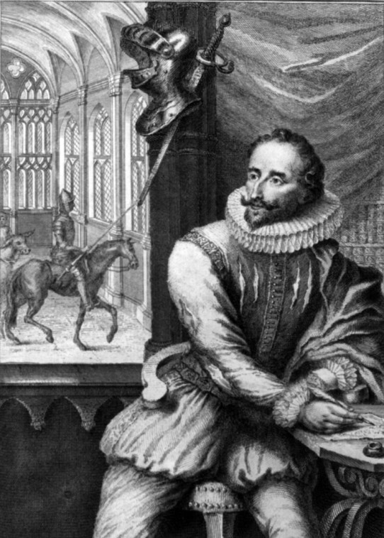 Miguel de Cervantes Saavedra, illustrazione dal libro Vica y Itechos del Lugenioso Hidalgo Don Quixote de la Mancha, vol. 1 (1742)