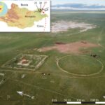 Drone photo of Cluster 27 in northeastern Mongolia. A red circle marks the location of the excavated burial. The inset map shows the location of Cluster 27 in red and two other enclosure sites along the long wall (Clusters 23 and 24) in black. Credits: Dan Golan