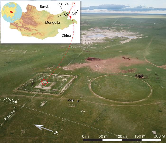 Drone photo of Cluster 27 in northeastern Mongolia. A red circle marks the location of the excavated burial, the Khar Nuur burial as it is now known. The inset map shows the location of Cluster 27 in red and two other enclosure sites along the long wall (Clusters 23 and 24) in black. Credits: Dan Golan