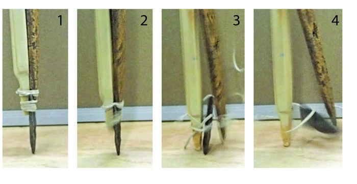Clovis planted pikes hunt A high-speed photo sequence during a test after an 11.34 kg weight was dropped from 35 cm shows various moments as the stone point recedes into and splinters the pike shaft. Researchers said the way the stone point could have pierced animal flesh and the wood-and-bone shaft opened up suggests that the spear as a system functioned similar to a hollow-point bullet. Credits: Courtesy of Scott Byram